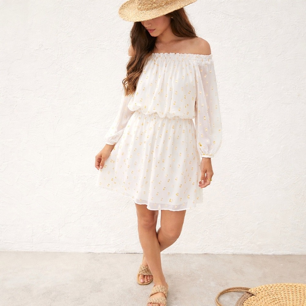 White House Black‎ Market Off Shoulder Dress L White Gold Dot Chiffon Boho Flowy